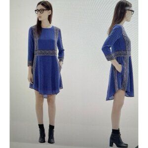 Vintage-Inspired Blue Silk Dress With Paisley &Geometric Print 3/4 Sleeves Sz XS